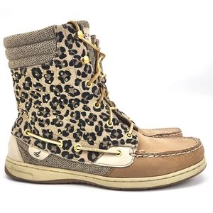 Sperry Top Sider Leopard Print High Top Lace Up Leather Boots Womens Size 10